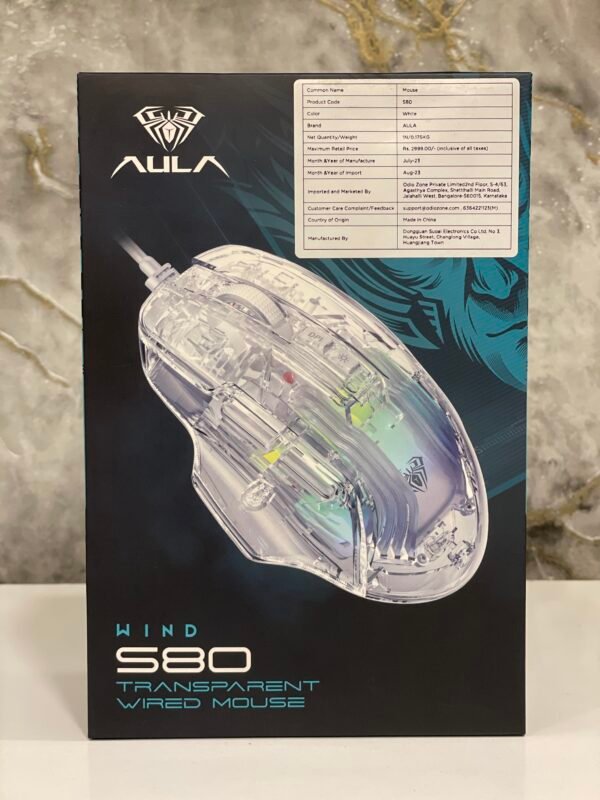 AULA S80 Transparent RGB, 7200 DPI, 7 Buttons PC Wired Optical Gaming Mouse (USB 2.0, Transparent White)